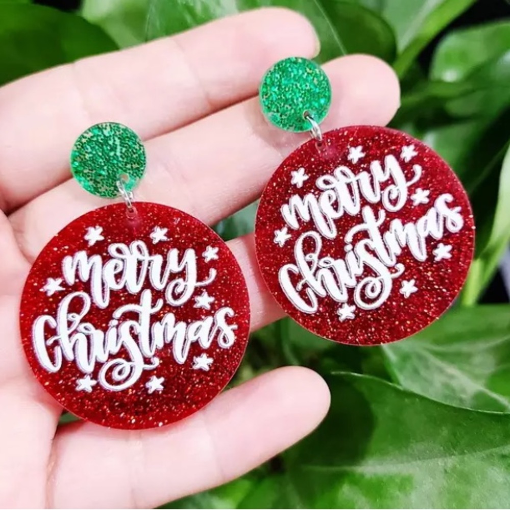 New! Merry Christmas Earrings, Red & Green Glittery Acrylic Earrings - Picture 1 of 2